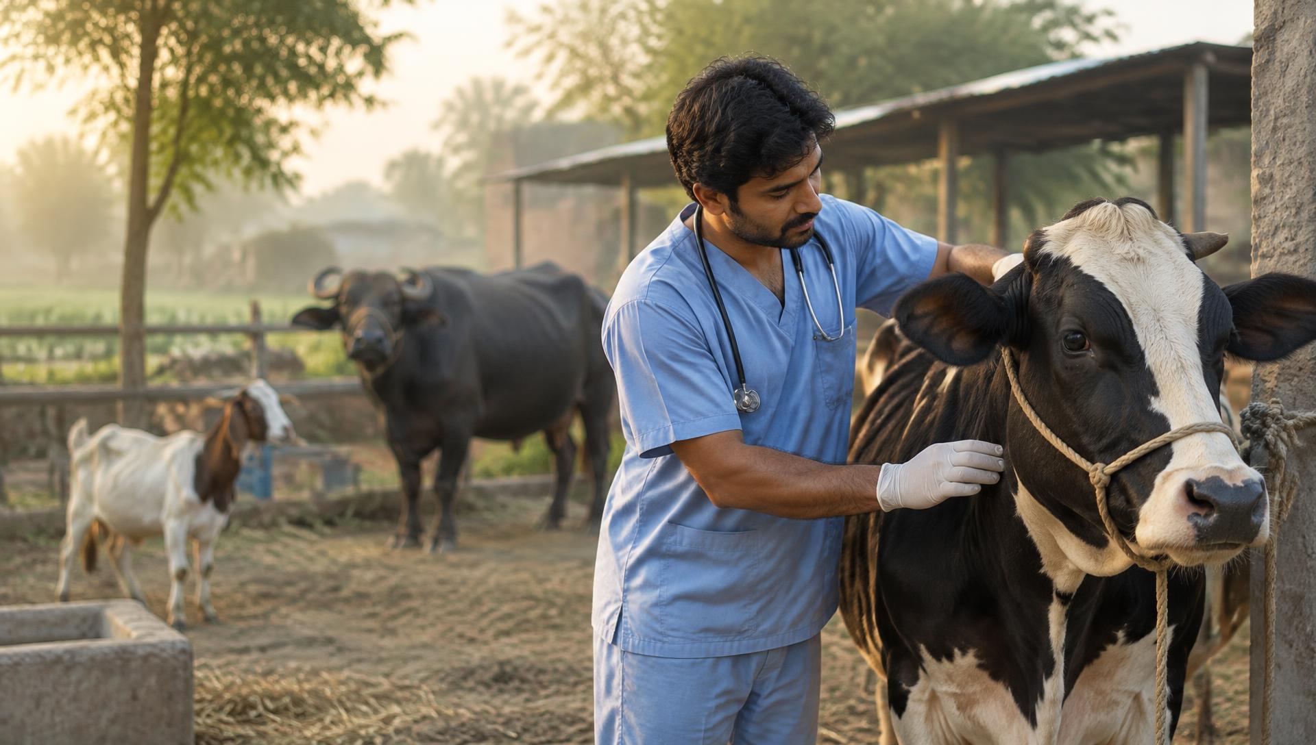 Pakistani veterinary doctor treating a dairy cow, with a goat and water buffalo on the farm